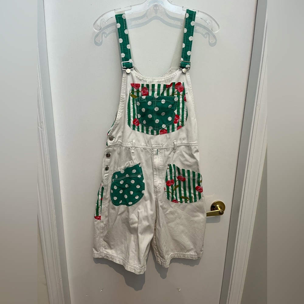 Charming Girlcore overalls with green polka dots and stripes.
